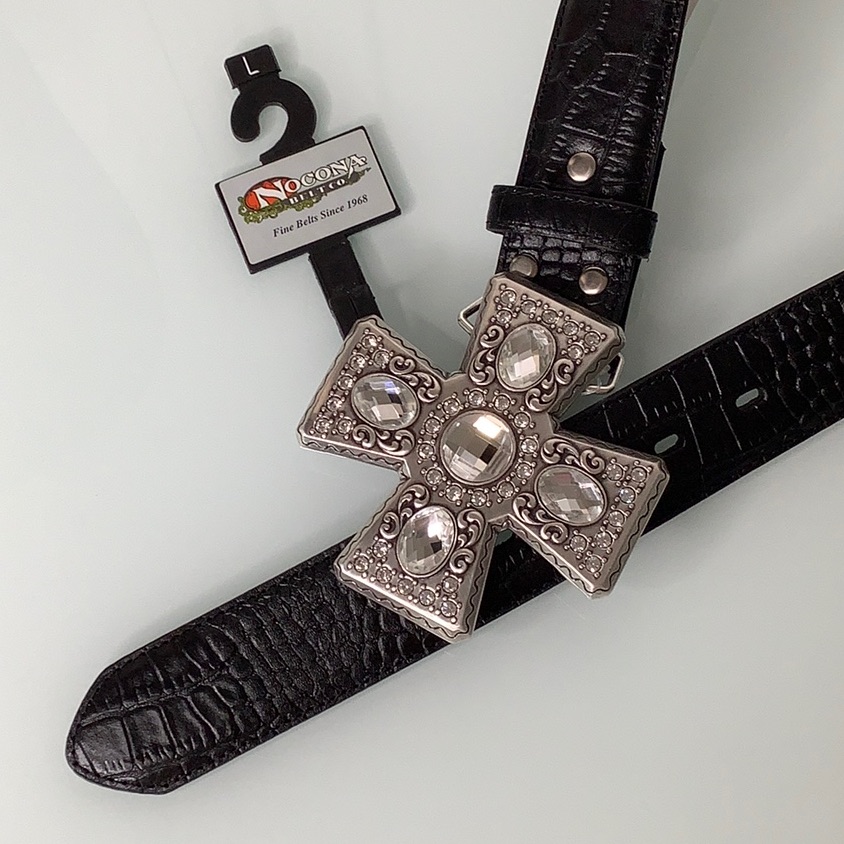 Nocona Crystals Embellished Cross Black Leather Belt Size Large Nwt